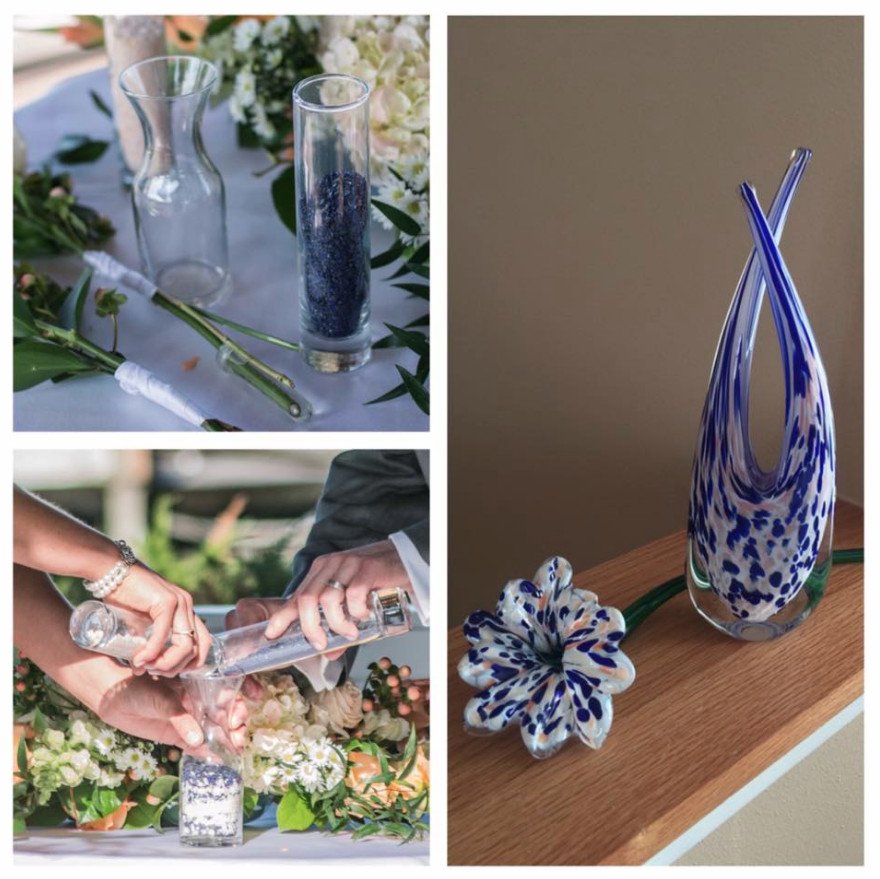 Beautiful photos from Amanda Tallman’s wedding, along with the finished pieces of art created from their unity ceremony created by Hot Shop Glass artist Amanda Cosgrove Paffrath.